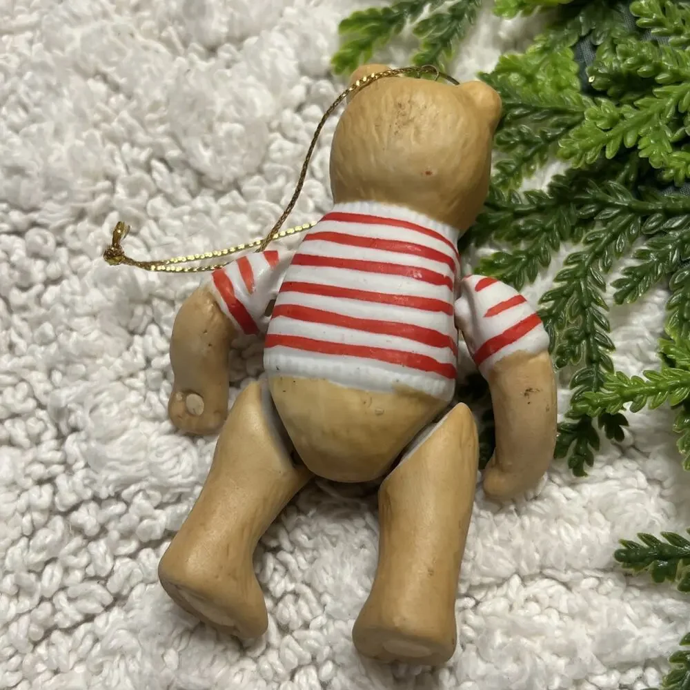 Vintage Jointed Ceramic Teddy Bear Ornament Striped Red White Preppy Nautical